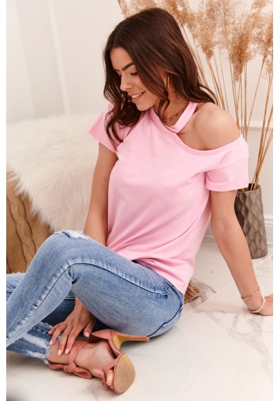 Krásne dámske tričko s holým ramenom, ružové