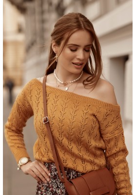 Moderný dámsky sveter s prelamovaným vzorom, hnedý