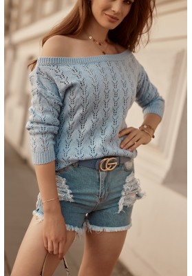 Moderný dámsky sveter s prelamovaným vzorom, modrý