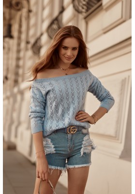 Moderný dámsky sveter s prelamovaným vzorom, modrý