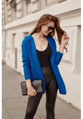 Teplý sveter s kapucňou, bez zapínania, modrý