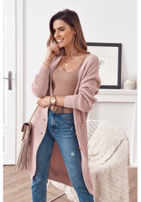 Dlhý teplý sveter so zapínaním na gombíky, ružový