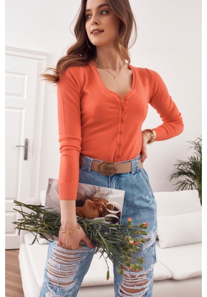 Tenký dámsky sveter zapínaný na gombíky s výstrihom, oranžový