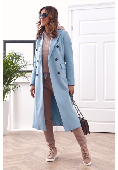 Elegantný, dlhý kabát s podšívkou, modrý
