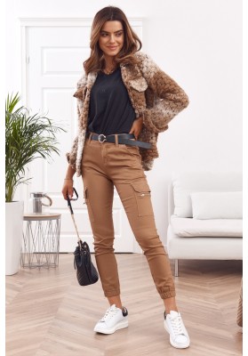 Moderné, dámske pohodlné nohavice so zapínaním na zips a gombík, hnedé