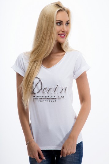 Biele tričko s korálkovaným nápisom DENIM.