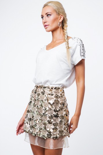 Moderná sukňa s flitrami a tylom, zlatá