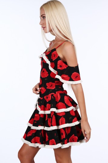 Čierno-červené dámske šaty s motívom vlčieho maku